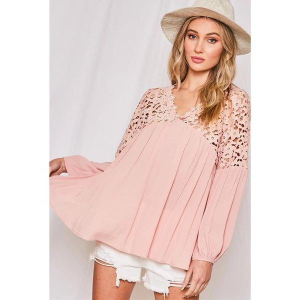 Loose V-Neck Lace Cutout Shoulder Chiffon Shirt