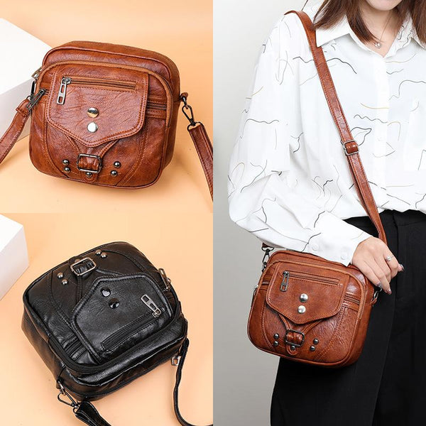 Vintage Studded Buckle Washed Leather Bag