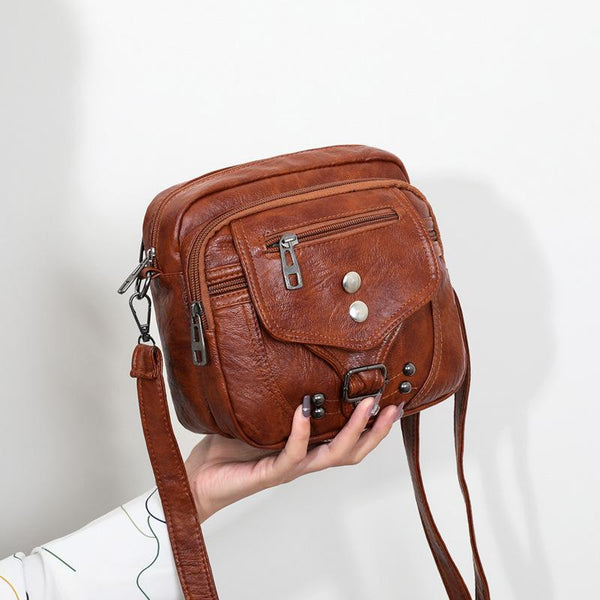 Vintage Studded Buckle Washed Leather Bag