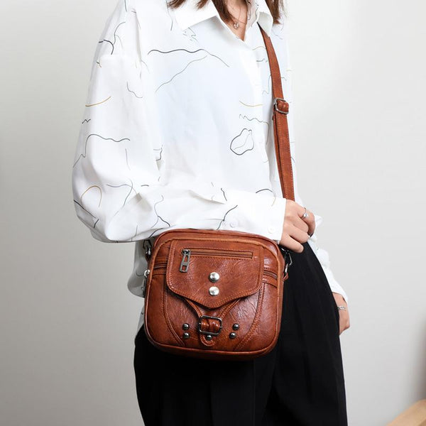 Vintage Studded Buckle Washed Leather Bag