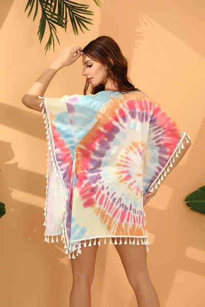 Tie-Dyed Fringed Knitted Beach Blouse