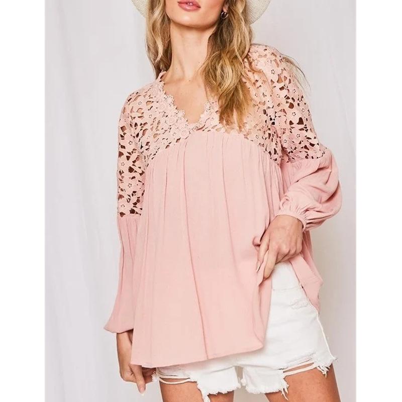 Loose V-Neck Lace Cutout Shoulder Chiffon Shirt